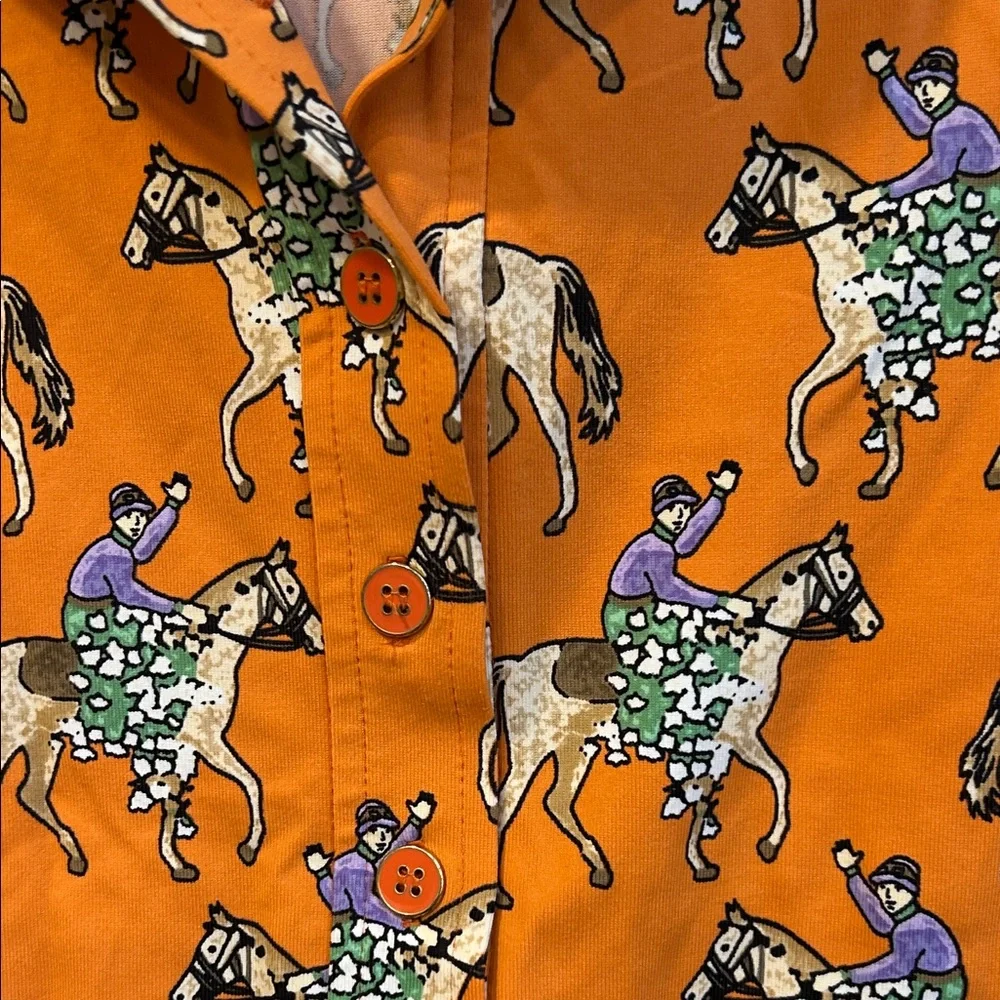 J. McLaughlin Orange Polo Shirt with Jockey Horse Derby Equestrian Print Small